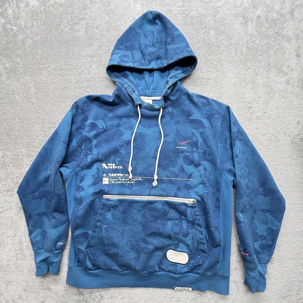 Nike Hoodie Mens L Blue Pullover Hooded Floral Halftone Grid Dri-FIT Logo